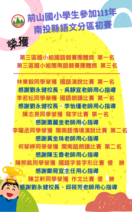 前山國小語文競賽分區賽成績優異!